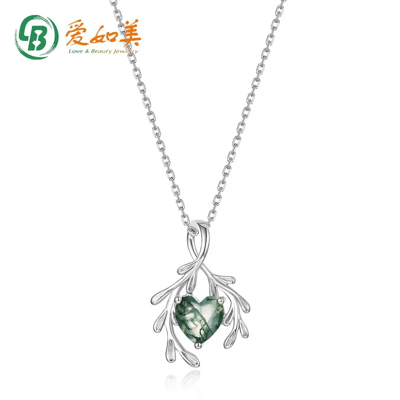 

Heart Shaped Water Grass Agate Stone Pendant Trendy 18K Gold PT950 Platinum Silver Plated 7-layer Gold Green Moss Pendant