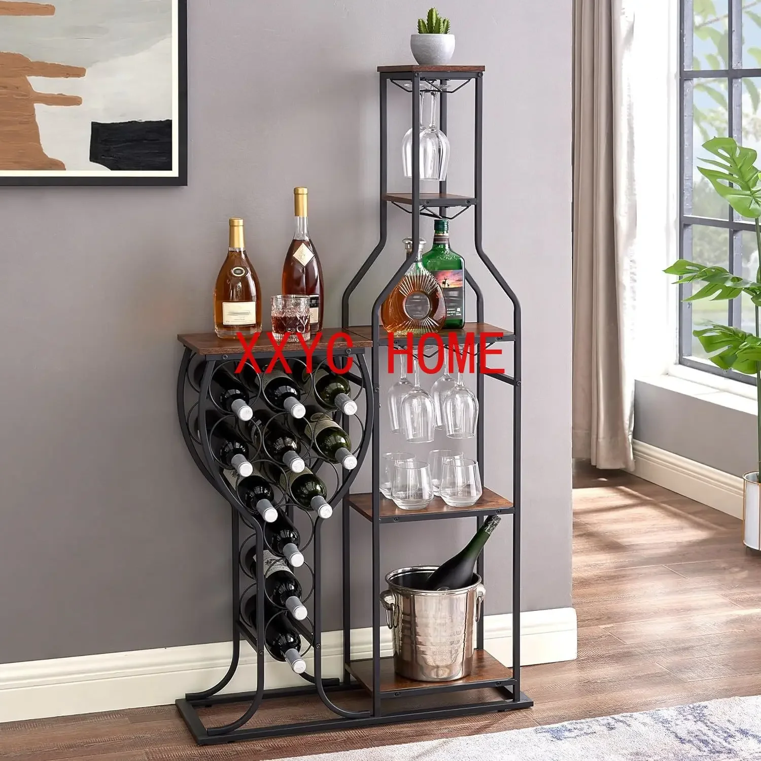 5 Tier Wine Rack Freestanding Floor with Wine Bottle and Glass Holder,Wine Bar Cabinet with Storage,Liquor  for Home