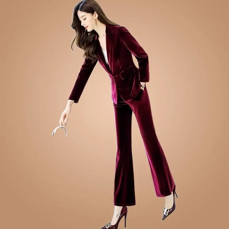 Women\'s Autumn Winter New Fashion Golden Velvet Suit Jacket Matching Set Korean Elegant Professional Blazers Pants Two Piece