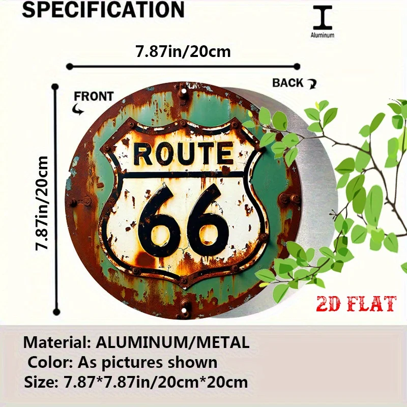 2D Flat - 1 Vintage Route 66 Round Aluminum Sign | Rustic Green and White, 7.87x7.87 Inches, Ideal for Home, Garage, Cafes, or T