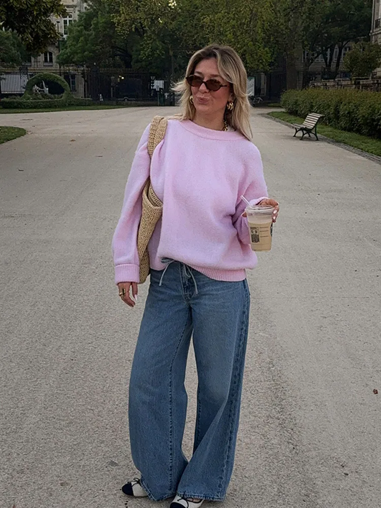 

Pink Long Sleeve Round Neck Warm Women's Short Sweater Knitted Pleated Loose Mohair Pullover Female Daily Commute Knitwear
