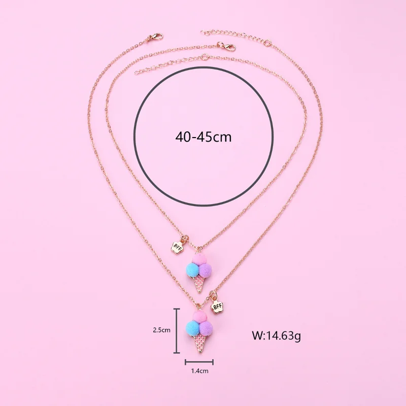 Luoluo&baby 2Pcs/Set Cute Ice Cream Plush Ball Best Friends Necklace Pendant Chain BFF Friendship Jewelry Gifts For Kids