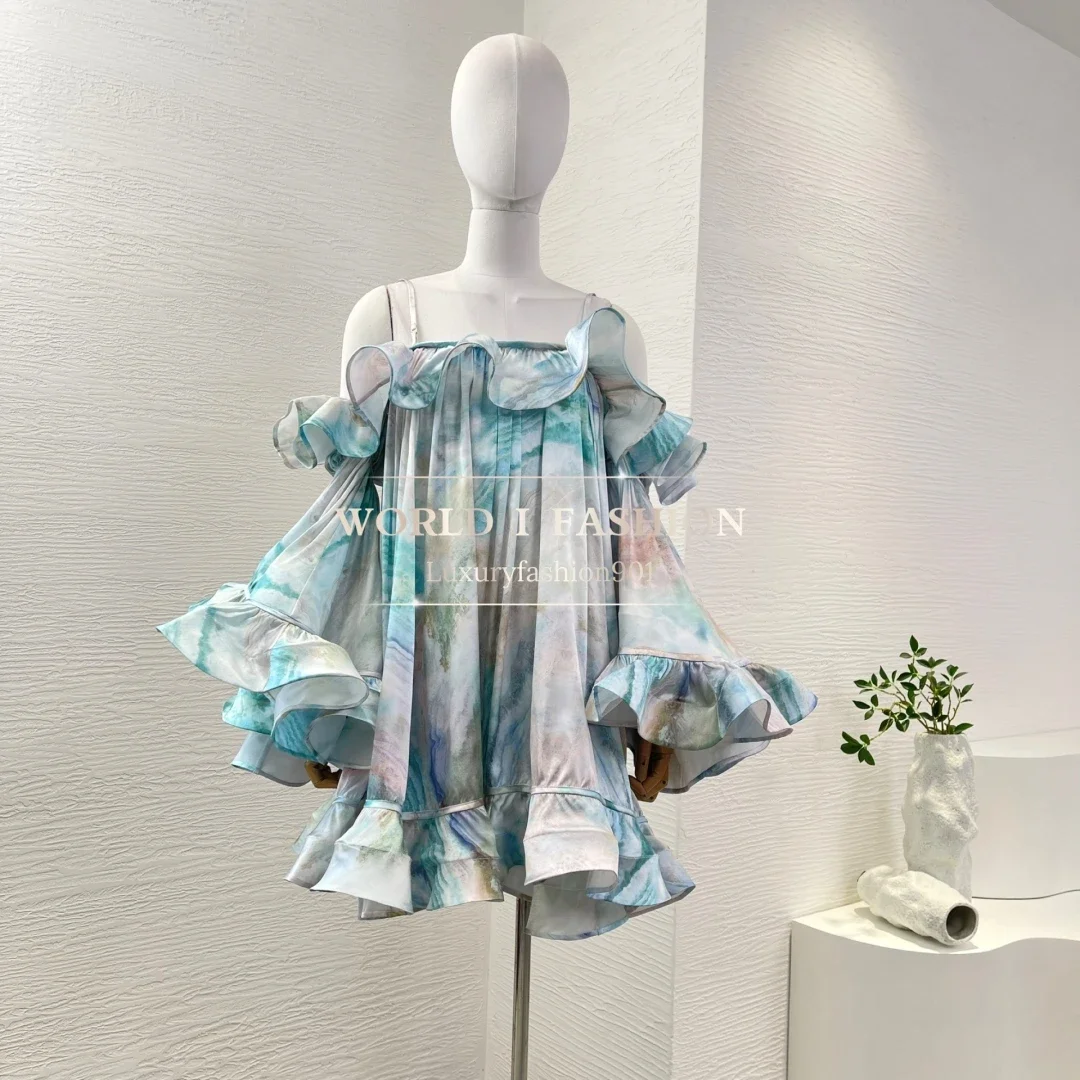 

Silk 2025 High Quality Blue Floral Print Long Sleeve Backless Ruffles Mini Dress