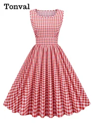 Tonval Gingham 50s Pinup Rockabilly Cotton Dresses for Women 2022 O-Neck Sleeveless High Waist Plaid Pleated Vintage Dress