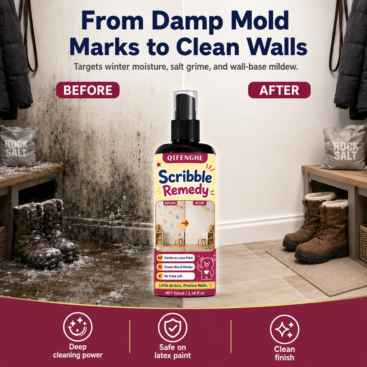 High-Efficiency Wall Cleaning Spray for Indoor White Wall, Removes Dirt Stains Crayon Grease Mildew, Latex Paint Putty Safe