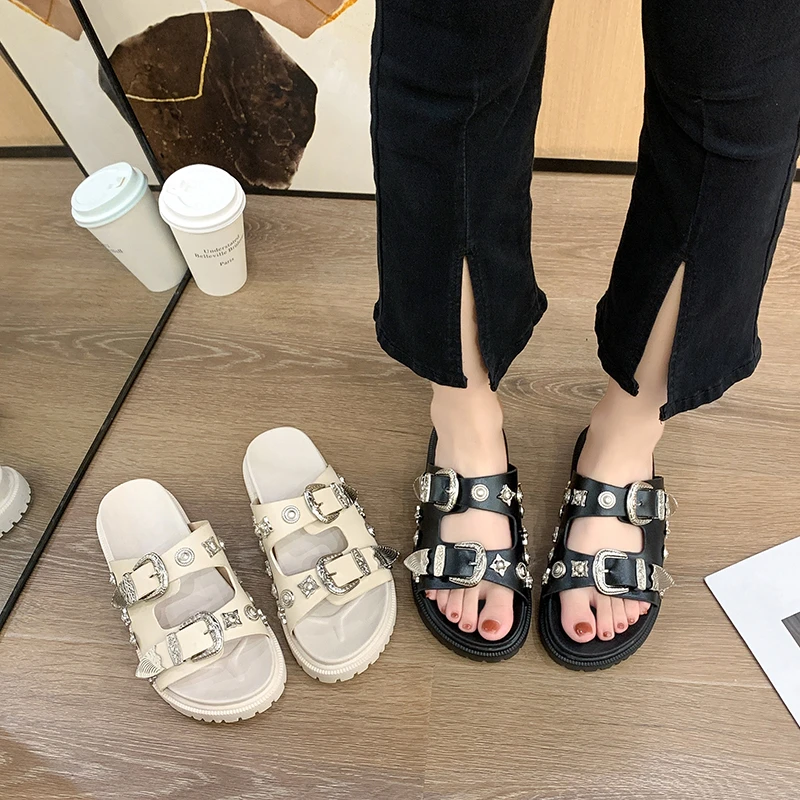 Summer Punk Rock Women Slippers Rivets Platform Leather Mules Creative Metal Fittings Slippers Female Casual Sandals Shoe Slides