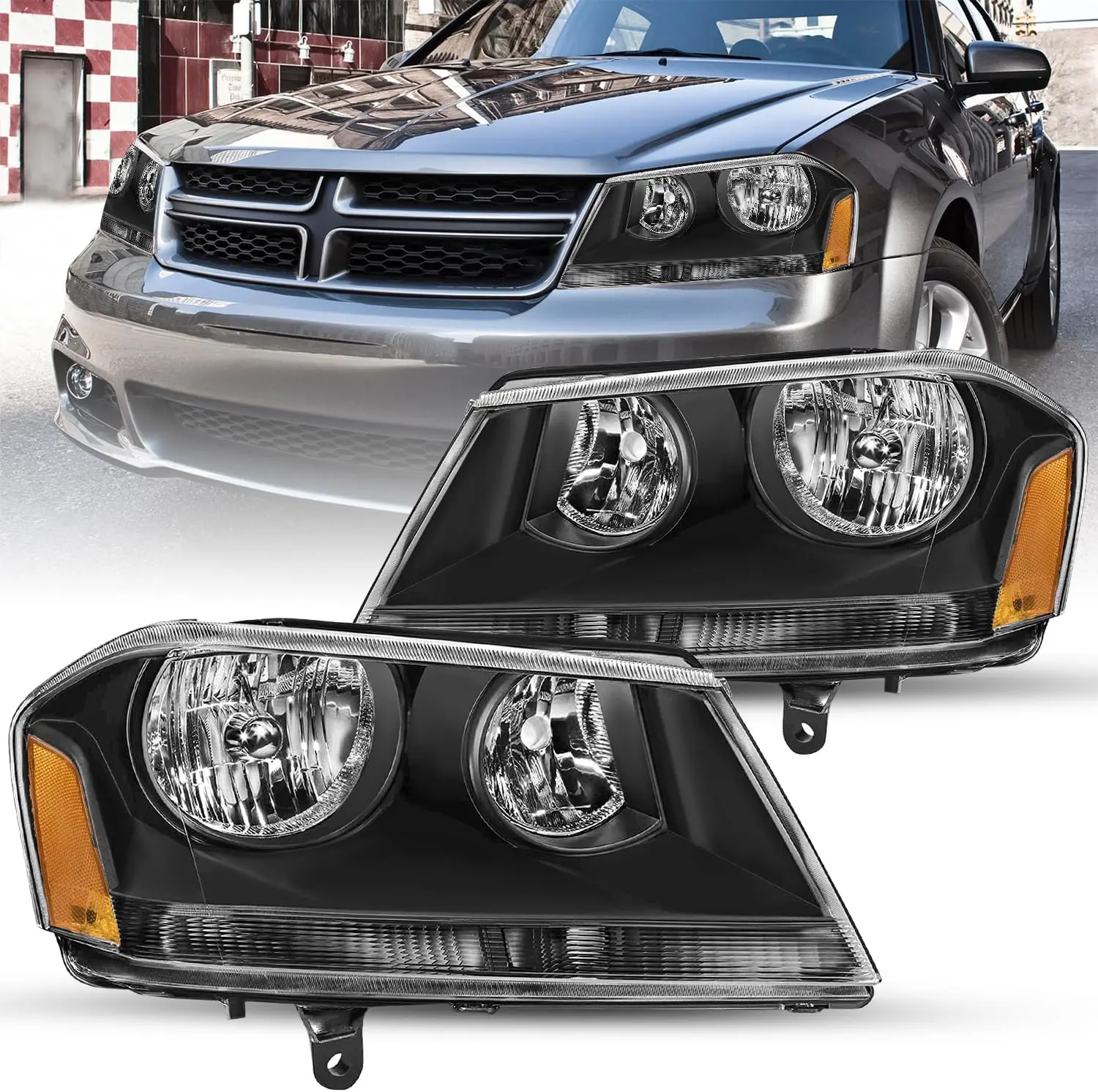 

Headlight Assembly Fit for 2008-2014 Dodge Avenger Driver and Passenger Side Black Housing with Amber Reflector