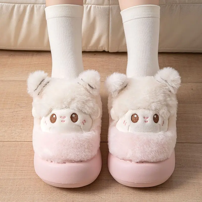 Cute Sheep Plush Slippers Winter Warm Furry House Slippers Kawaii Cartoon Animal Non-slip Thick Sole Indoor Home Shoes for Women