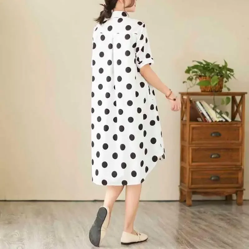 Abito camicia a pois Donna Stile coreano Abiti larghi slim oversize Moda casual Abito a maniche corte di media lunghezza Tendenza estiva