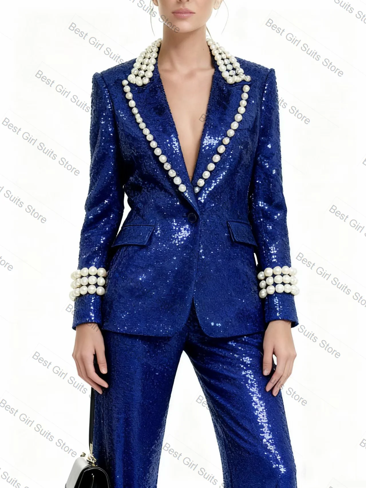 

Pearls Sequins Women Suit Set 2 Piece Shiny Blue Blazer+Pants Trousers Formal Office Lady Jacket Customized Prom Wedding Coat