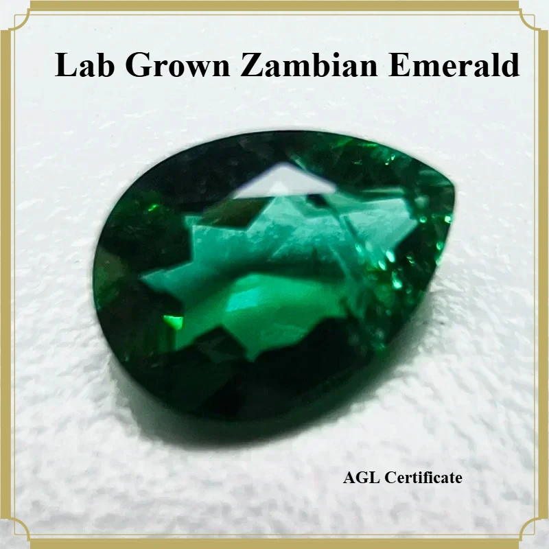 Lab Grown Zambian Emerald Hydrothermal Hand Cut Pear Shape Cracks Inclusions Inside Synthetic Gemstone Selectable Certificate
