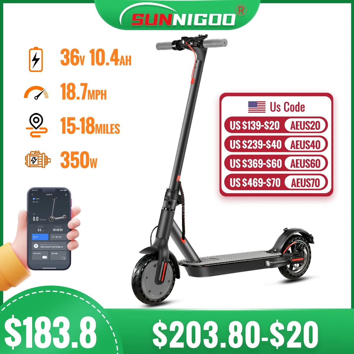 SUNNIGOO N7PRO Electric Scooter Adults 36V 10.4Ah Escooter Long Range 19 Miles Lightweight Kick Scooter US Stock Black With Gift