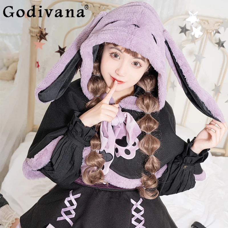 

Original Design Kawaii Rabbit Ear Hooded Plush Thickened Autumn and Winter Cape Ponchos Girl Style Sweet Bow Purple Lolita Dress