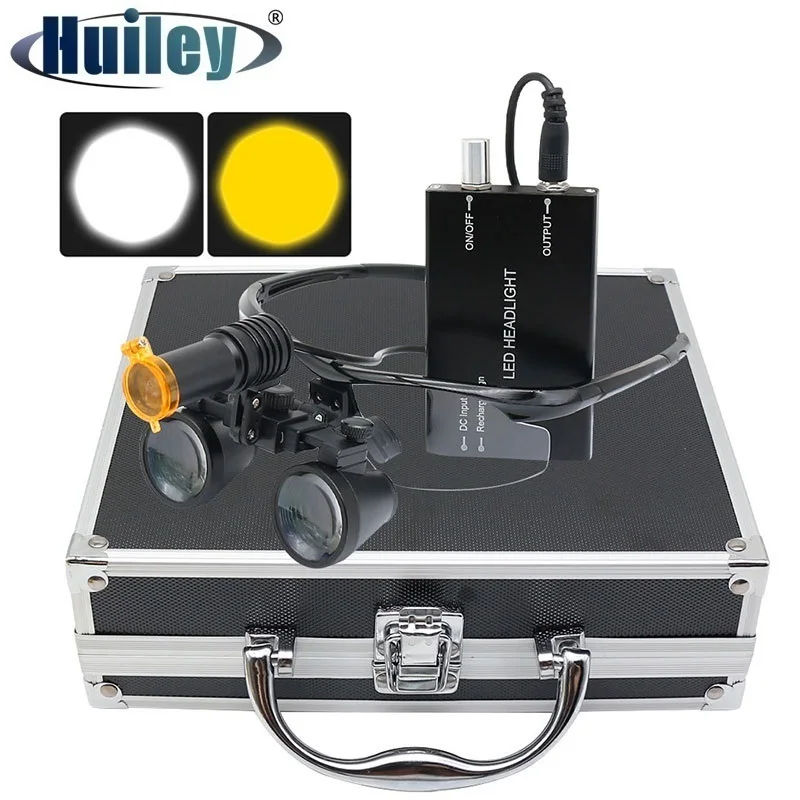 Binocular Dental Loupes 2.5X 3.5X Magnifier with 5W Headlight Yellow Filter Metal Box 320-420mm Working Distance Rechargeable