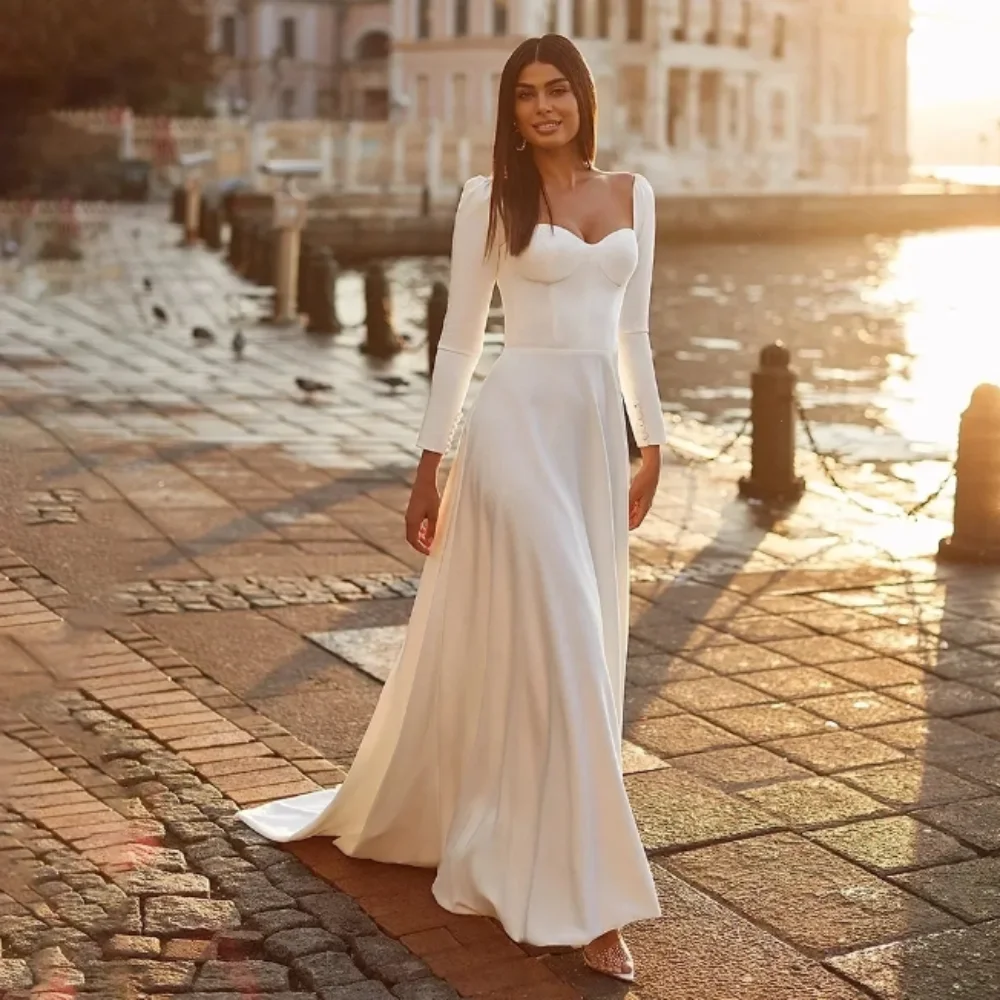 Boho Long Wedding Dresses Square Collar Satin Full Sleeves A Line Open Back Bridal Gowns Formal Occasion Dress Formal Occassion