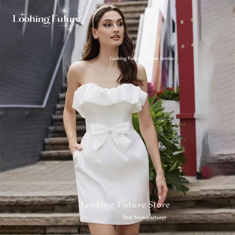 Customized Simple Mini Satin Wedding Dresses Sexy Strapless Backless Bride Dresses Zipper Sleeveless Pleated Bow Wedding Gowns