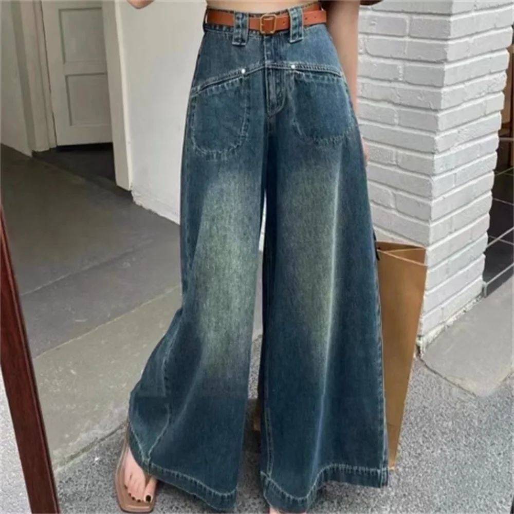 

Dark blue wide-legged jeans women new high-waisted street baggy floor long denim pants