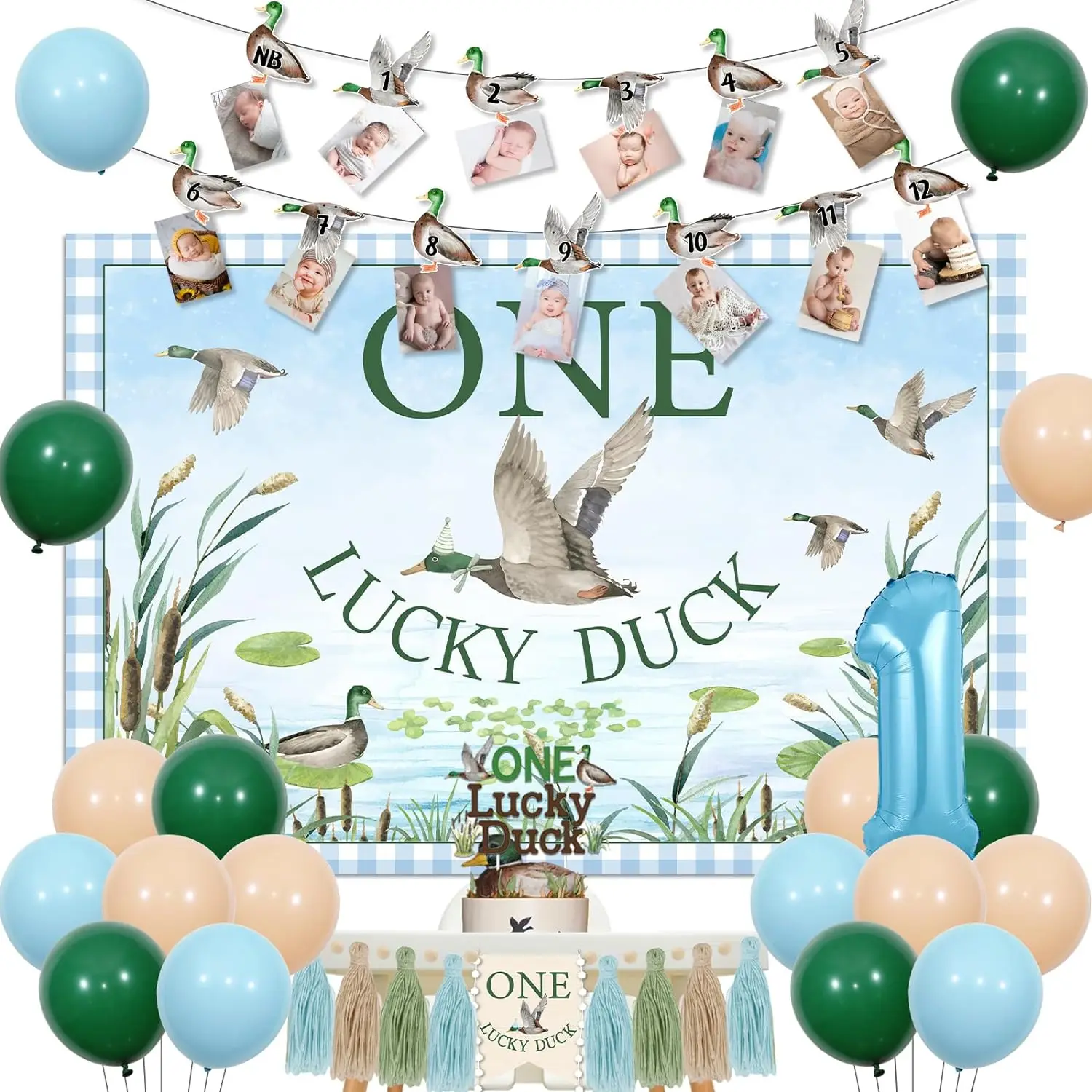 Duck Huntin1st Birthday Decor One Lucky Duck Photo Banner Mallard Duck Hunt Birthday Backdrop Balloon Cake Topper 1st Birthday