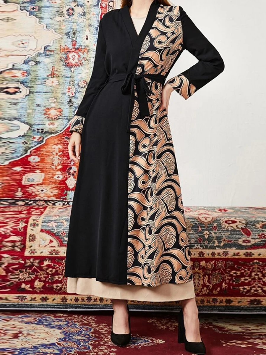 

New Women Caftan Gowns Retro Print Long Sleeve V-Neck Cardigan Long Dress With Belt For All Seasons S-XL