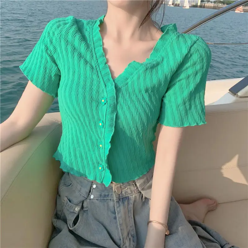 

Short Sleeve T-Shirts Womens Slender Design Cotton Tops Slim Fit Summer Breathable Soft Casual Chic Korean Style Daily Wear