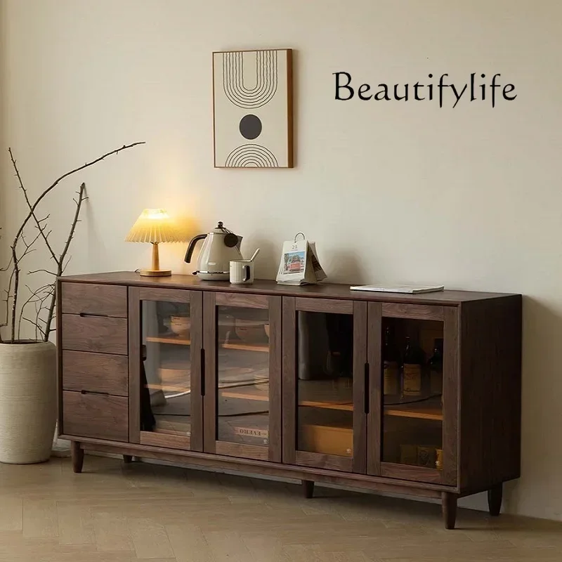 N North American black walnut solid wood living room dining side cabinet tea cabinet cupboard integrated glass display cabinet