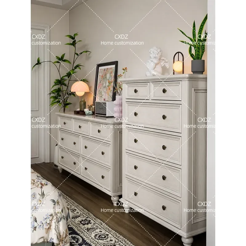 Green Retro Solid Wood Chest of Drawers Bedroom Storage Cabinet Master Bedroom Bedside Nightstand Organizer Furniture
