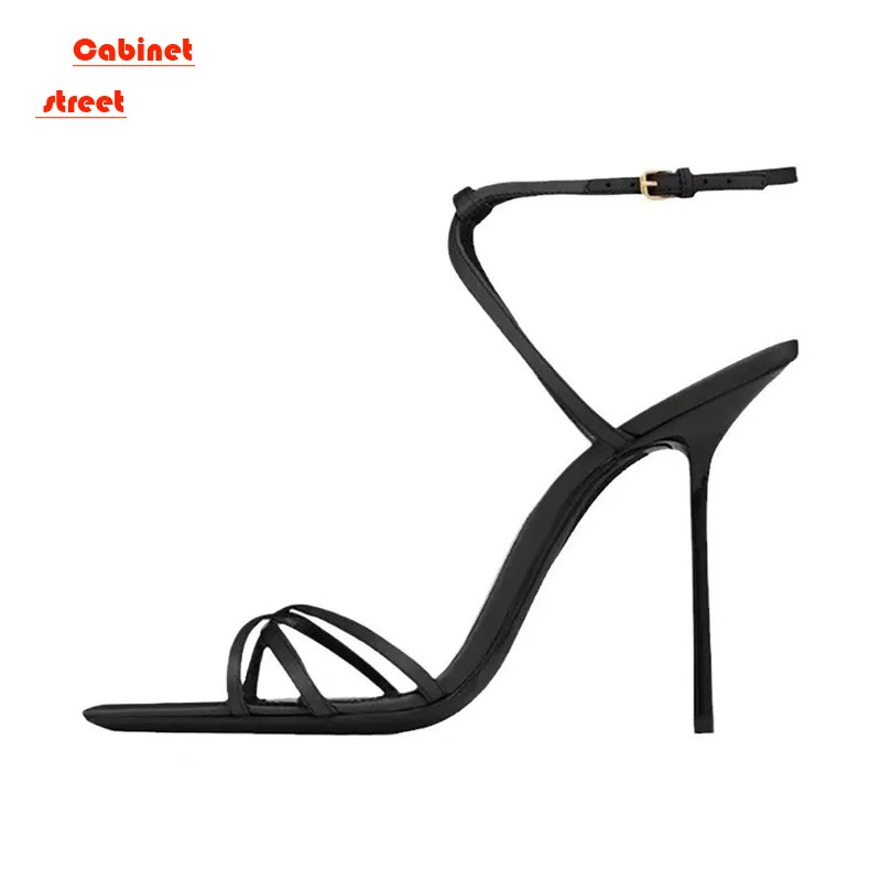 High Heel Summer Square Head Open Toe One Line Buckle Sandals with Thin Heels Black Satin Royal Sisters Style Women Shoes Pumps