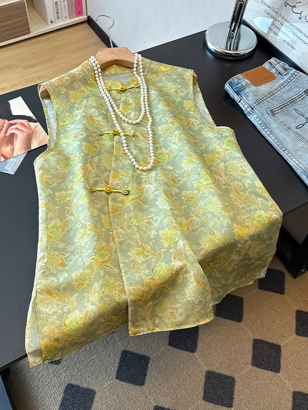 Retro Floral New Chinese Style Button Vest Women's Summer Thin Outerwear Slimming Sleeveless Top Commute Style round Neck