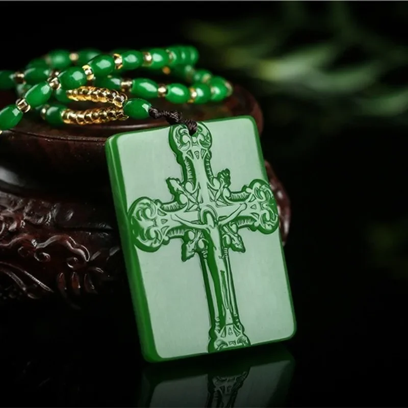 

Natural Green Hand Carved Cross Jade Pendant Fashion Jewelry Men's and Women's Jesus Necklace