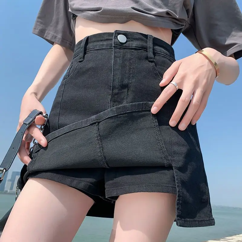 Stretch Denim Skirt Pants Women's 2026 Summer New Arrival Petite High Waist Short A Line Split Bodycon