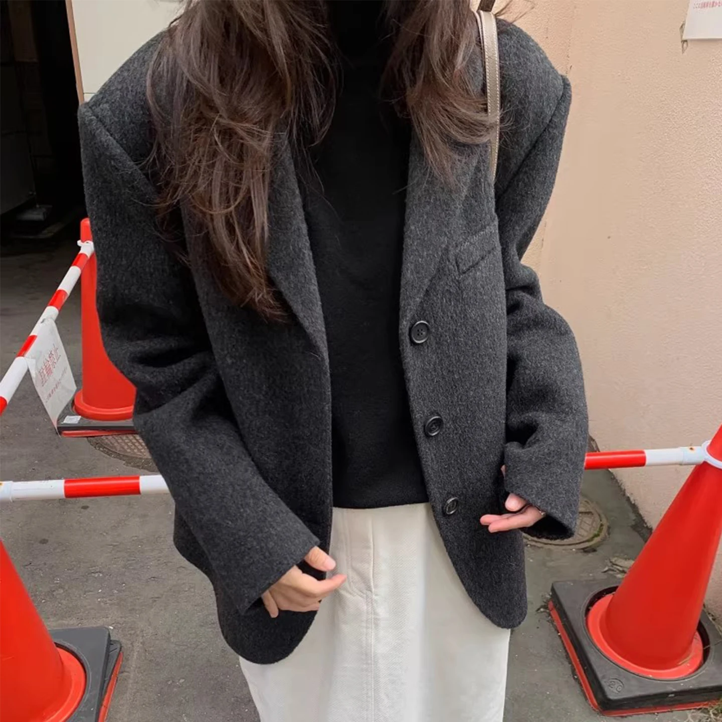 

Retro Briti Sle Thiened Woolen Suit Jaet Women's Winter New High-End Feel Korean Version Long Sve Single Button