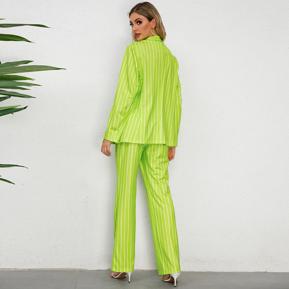 Fashion Green Women Home Suits Set Blazer+Pants 2 Pcs Loose Casual Party Jacket Bright Color Women Pants Suit Sleepwear Pajamas