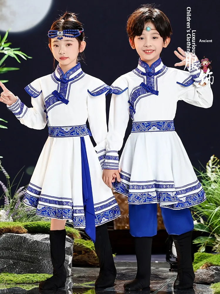 

Детские монгольские традиционные костюмы для выступлений, белые, для малышей (мальчиков и девочек), этнические наряды для степи