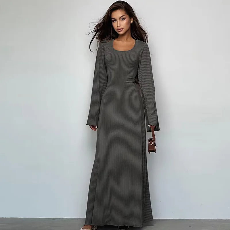Long Flare Sleeved Maxi Floor-Length Dress Summer Solid Fashion Casual Office Lady Dresses for Women Long Flare Sleeved Maxi Floor-Length Dress Summer Solid Fashion Casual Office Lady Dresses for Women