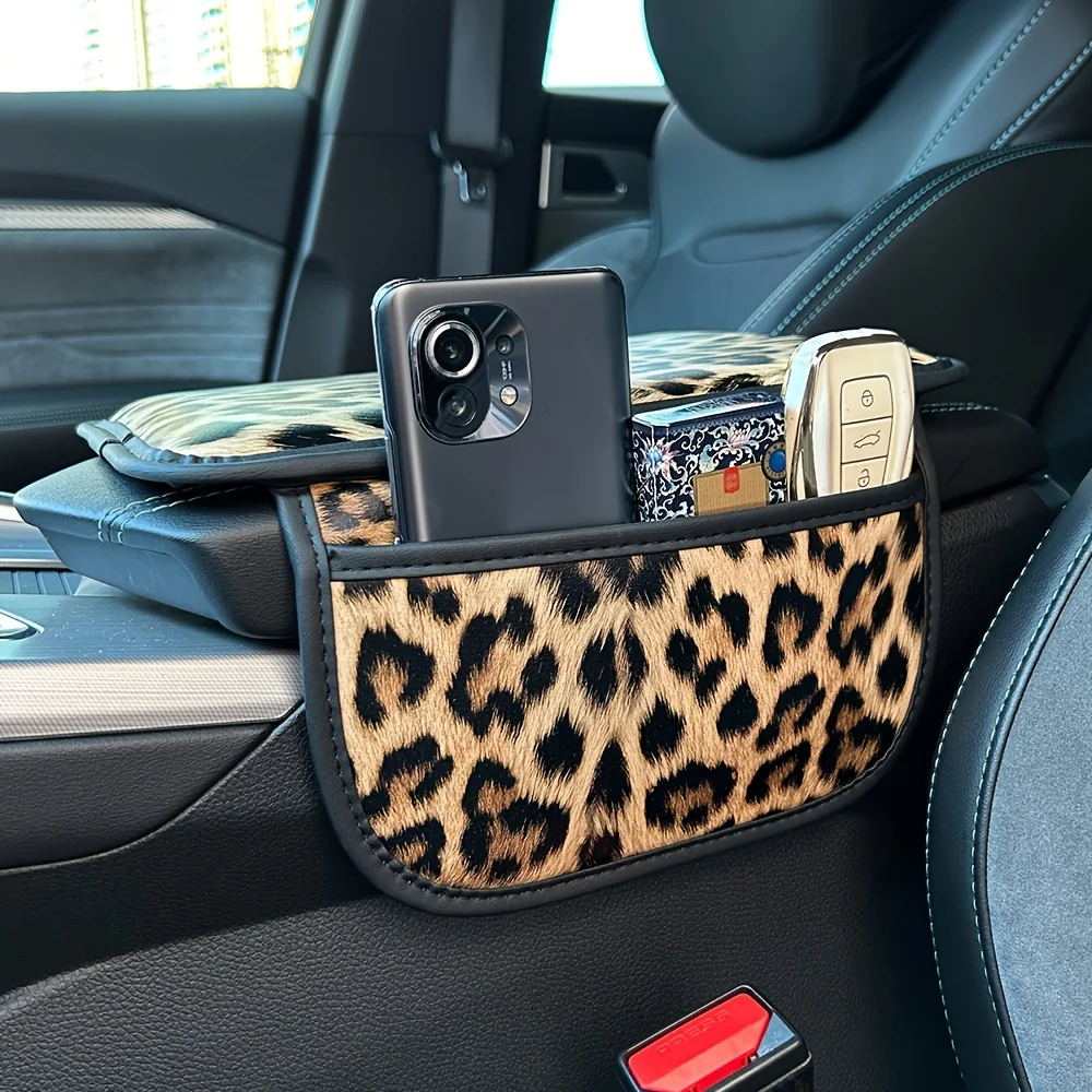 

leopard print footprint car armrest box heightening protection pad with two side seat gap sundry storage pads