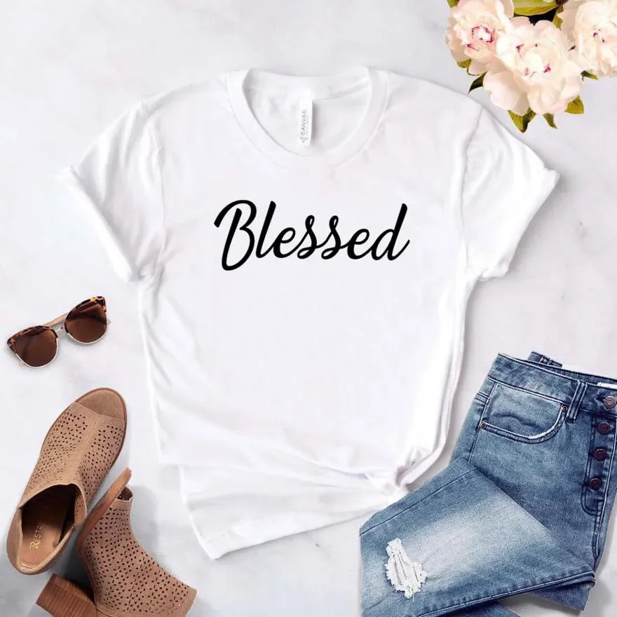 Camiseta divertida para mujer y niña, camiseta Hipster con estampado de letras bendita, camiseta informal para mujer