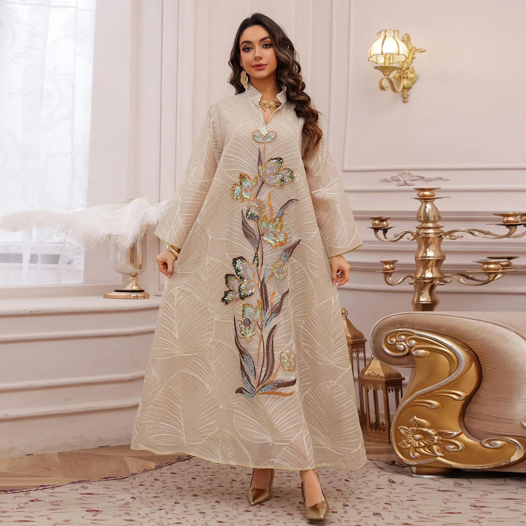 

Eid Muslim Party Dress Abaya Dubai Luxury Jalabiya Mesh Embroidery Abayas for Women Dresses Vestidos Kaftan Arab Robe Ramadan