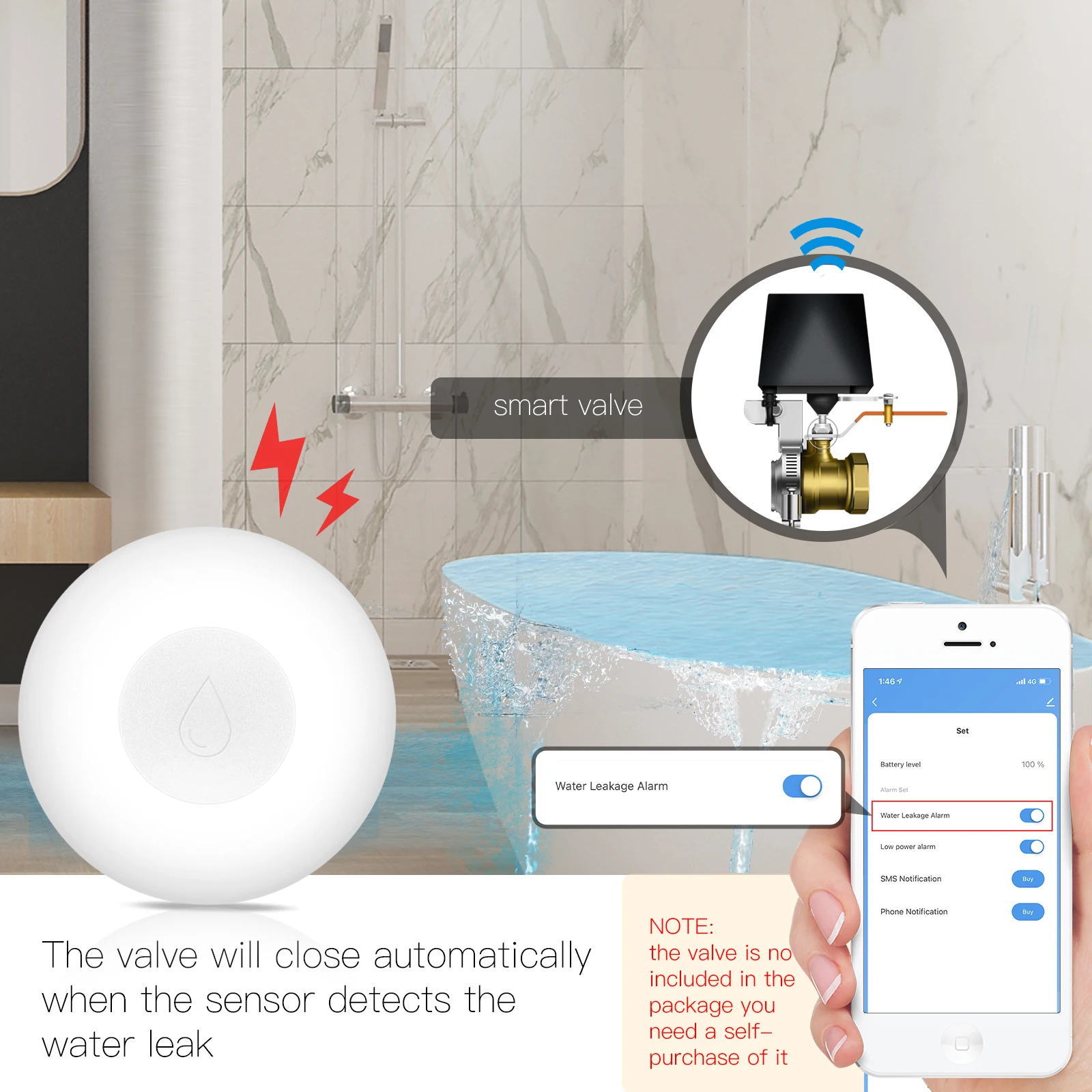 ZigBee Smart Flood Sensor Water Leakage Detector Flood Overflow Alert Security Alarm System Tuya Smart Life App Remote Control