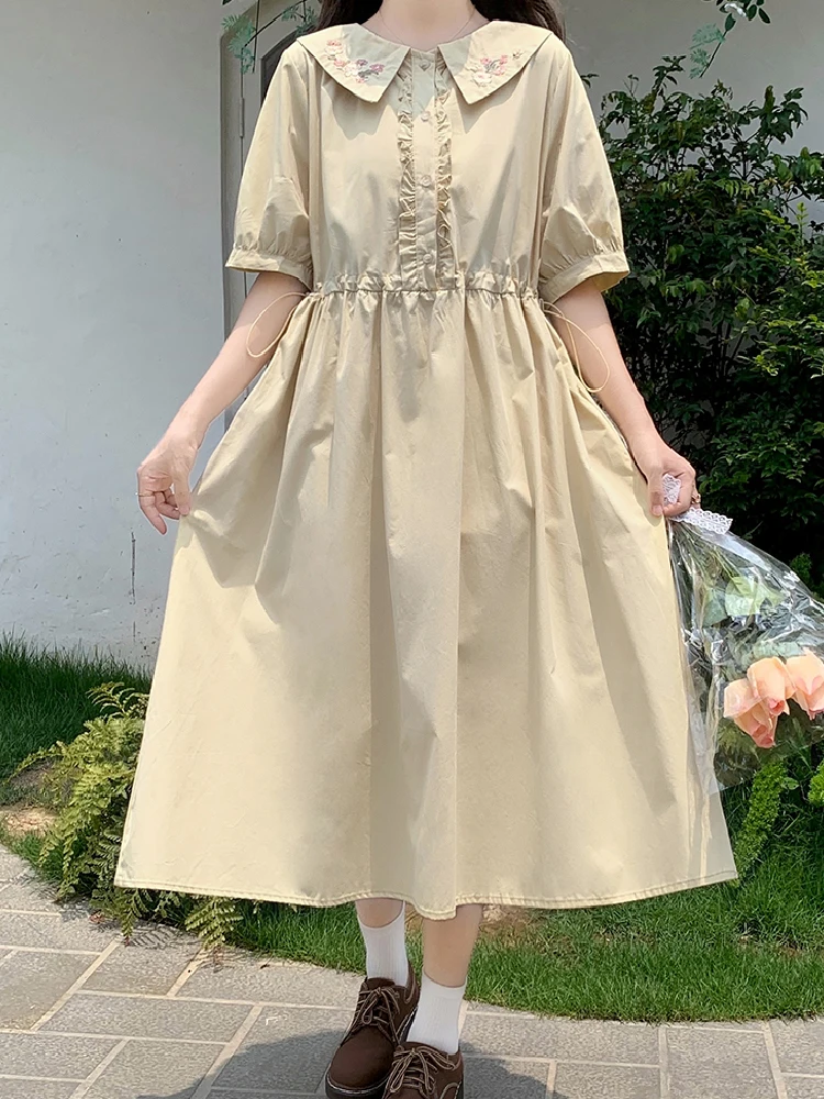 Sweet Kawaii Preppy Style Lolita Women Dress Elegant Summer Embroidery Waist Short Sleeve Ruffles Princess Dresses Female 2023