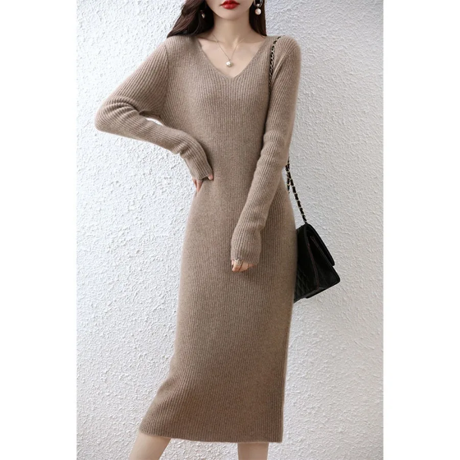 

【New style】Autumn and winter new V-neck wool dress, women's over-knee, slim, versatile fashion, pure wool knitted skirt.