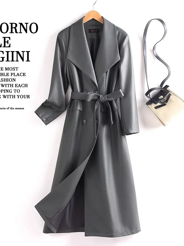 High-End Women's Sheepskin Leather Jacket Mid-Length Over-Knee Windbreaker Commute Style Long Sleeve Polyester Lined Coat