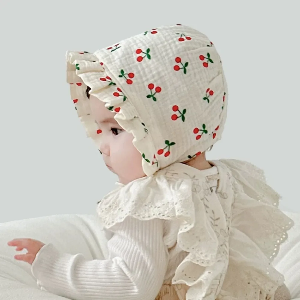 

Ruffles Korean Baby Fetal Cap Soft Cotton New Newborn Sun Hat Princess Flower Cherry Print Infant Beanie Cap Daily