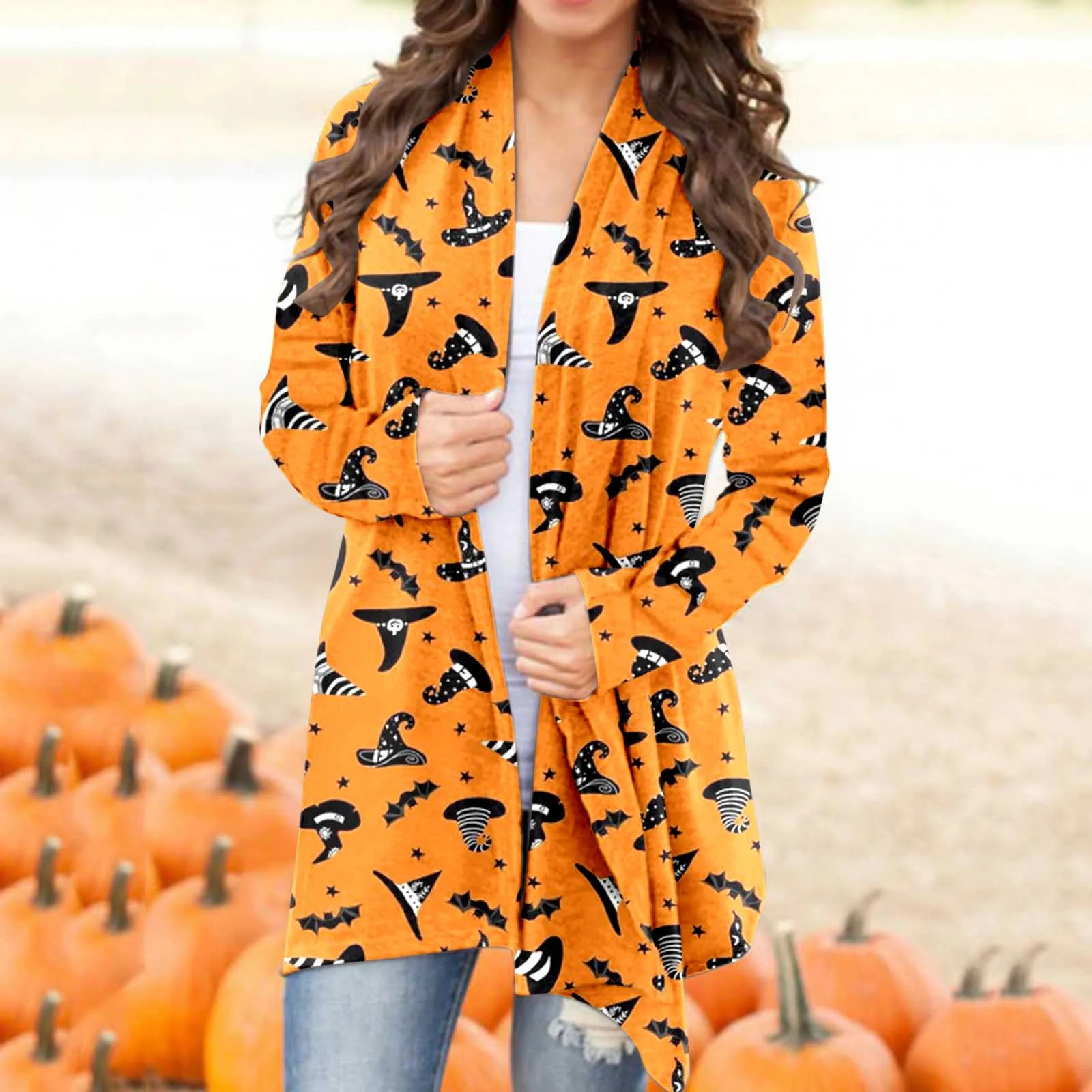 Halloweenowa czapka czarownicy nadruk ducha damski sweter 2024 z długim rękawem V Neck Casual kurtki urocza kreskówka graficzna odzież wierzchnia