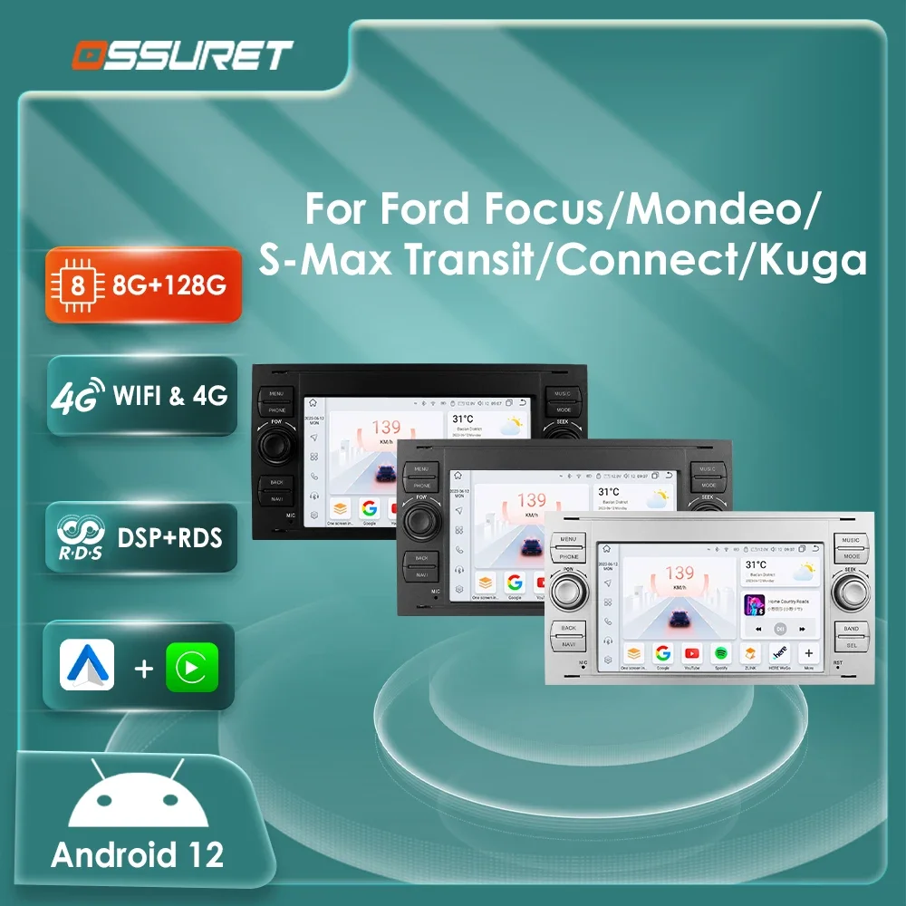 Android 12 Car radio For Ford Focus 2005-2007 C / S-max Fiesta Fusion kuga Mondeo Galaxy Transit  Connect 2din GPS Stereo 4G WIF