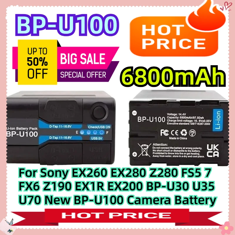 6800mAh For Sony EX260 EX280 Z280 FS5 7 FX6 Z190 EX1R EX200 BP-U30 U35 U70 New BP-U100 Camera Battery