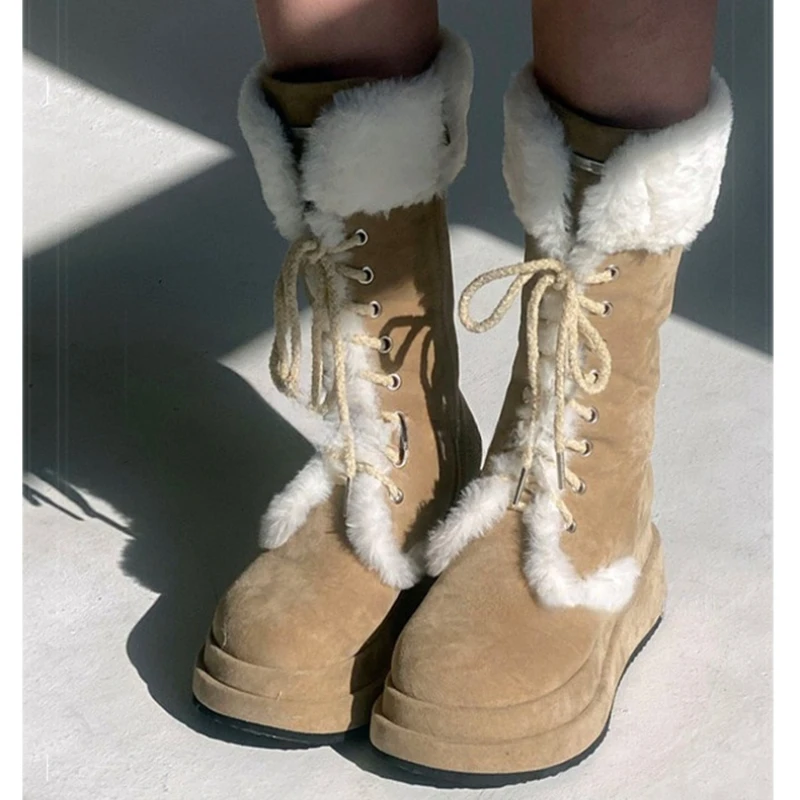 Women's Suede Furry Ankle Boots 2025 Winter Snow Boots Thick Sole High Heels Warm Winter Boots