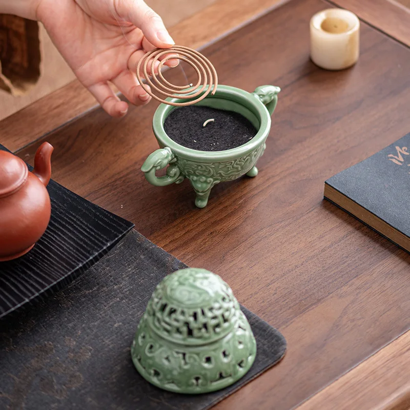 Chinese Celadon Tripod Incense Burner Vintage Ceramic Aroma Censer Home Decor