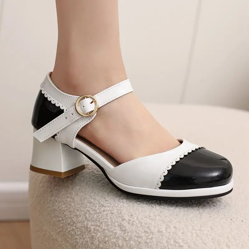 

ORCHALISA Janes Женские туфли-лодочки с круглым носком на блочном каблуке 5,5 см, на платформе с пряжкой и ремешком, разноцветные, размеры 46, 47, 48 33, милые туфли