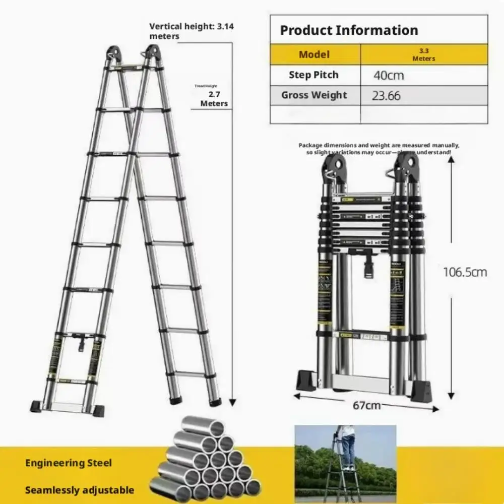 Imagen 4: Escalera telescópica de acero inoxidable, escalera plegable robusta multiusos tipo A, antideslizante, capacidad de carga 150 kg