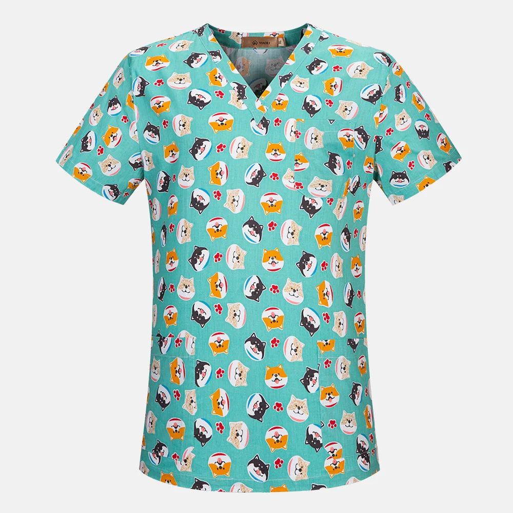 Uniforme de enfermera con estampado de dibujos animados de algodón, monos de laboratorio para tienda de mascotas, Tops esmerilados transpirables delgados, de alta calidad, venta al por mayor, nuevo